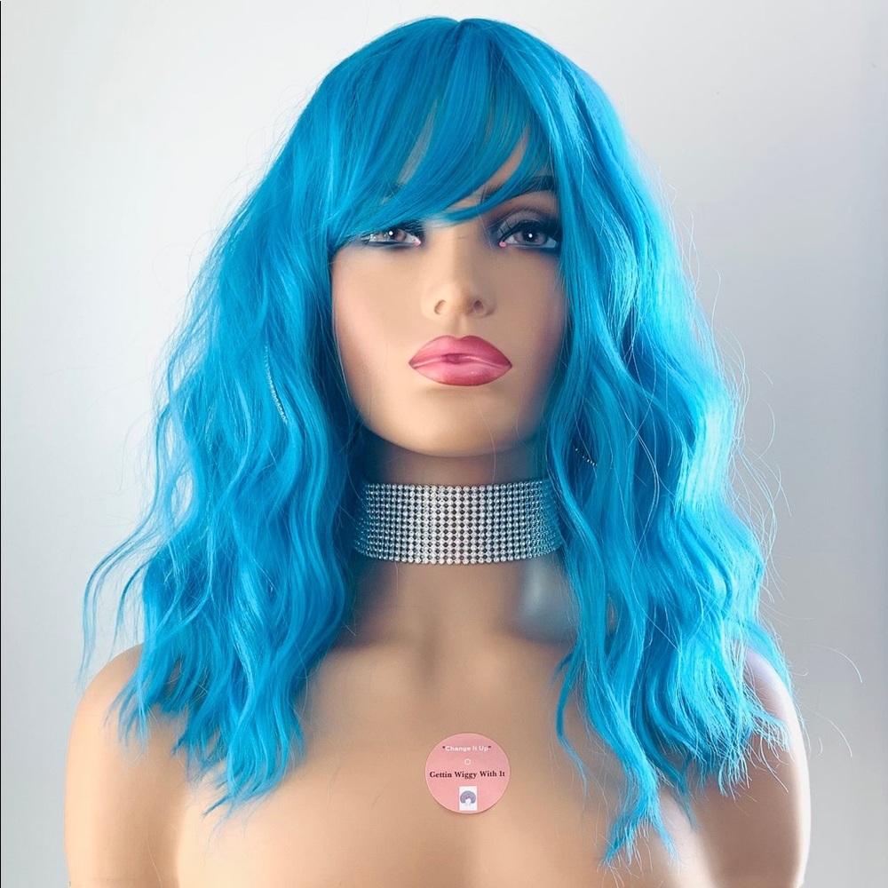 🩵 Blue “Put On & Go” Synthetic Wig w Bangs for Events - No Further Discount 🔴